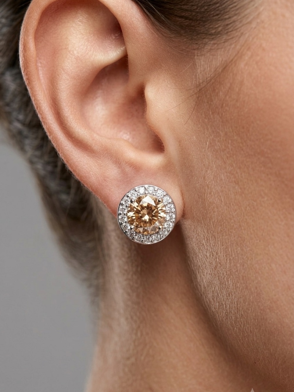 Champagne Halo Stud Earrings | Silver Tone White Zircon Crystal Earrings